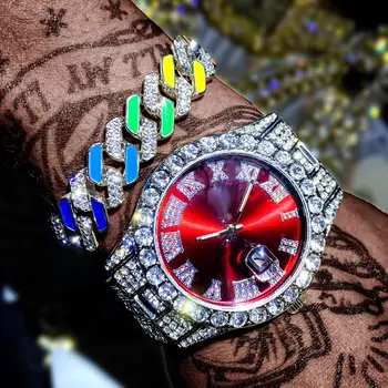 Браслет Iced Out + мужские часы с полным покрытием Iced Out, кварцевые наручные часы в стиле хип-хоп, мужские часы с золотыми бриллиантами, Reloj