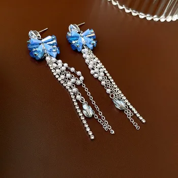 Женские серьги KAITIN с кристаллами циркона, бантом и жемчужной кисточкой, Модные серьги в Корейском стиле с серебряными иглами, висячие серьги для женщин, ювелирные изделия
