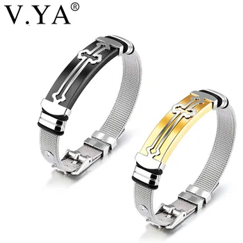 V.YA Панк-браслет с крестом для мужчин, длина 16,5-21 см, сетчатый ремешок, нержавеющая сталь, черный/золотой цвет, мужские браслеты-обертки, прямая поставка