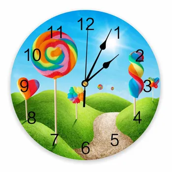 Радужный леденец на палочке, зеленая трава, декоративные Круглые настенные часы, индивидуальный дизайн, не тикающие, бесшумные спальни, Большие настенные часы