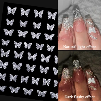 Светоотражающие блестящие 3D наклейки для ногтей Серебристо-золотая пудра Дизайн бабочки Лазерные блестящие украшения для ногтей Аксессуары для маникюра