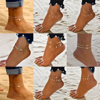 Набор винтажных ножных браслетов золотисто-серебристого цвета Для женщин, Многослойный Регулируемый ножной браслет, браслет на ногу, пляжные украшения для ног