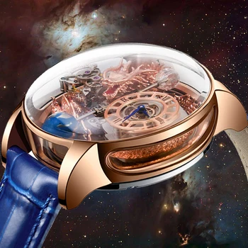 Часы PINDU Часы с Драконом Небесного Искусства с ручной Гравировкой Мужские Прозрачные Дизайн задней крышки Кожаные Кварцевые Часы Relogio из Розового золота