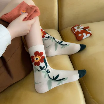 Оранжевый цветочный принт, милые носки Kawaii, вышивка, Винтажная уличная одежда в стиле Харадзюку, ретро, носки для экипажа, Женские модные длинные носки, Японский