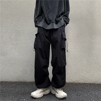Черные повседневные брюки, мужские модные Свободные прямые широкие брюки, мужская уличная одежда в стиле хип-хоп, брюки-карго с карманами, мужские брюки