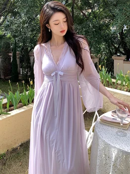 Женская фиолетовая сетчатая ночная рубашка Fairy, весна-лето, романтическая пижама Викторианской принцессы, Французские сексуальные ночные рубашки с V-образным вырезом, одежда для отдыха