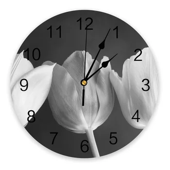 Черно-белые часы с цветком тюльпана, настенный декор для дома, современная кухня, спальня, декор для гостиной, настенные часы