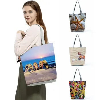 Сумки с нестандартным рисунком с пляжной раковиной, модная мультяшная экологичная сумка для покупок, портативная женская сумка через плечо большой емкости.
