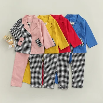 FOCUSNORM/ Модный детский блейзер для девочек от 2 до 7 лет, комплект одежды, клетчатый однобортный костюм в стиле пэчворк с длинными рукавами и принтом + брюки