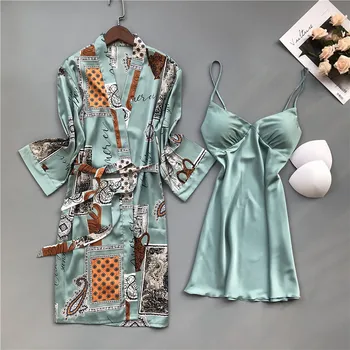 Комплект из двух частей Кимоно, халат и ночная рубашка, женский сексуальный принт с накладками на грудь, пижамы, атласный халат, кружевная отделка, домашняя одежда