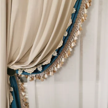 Французские ретро Роскошные Простые шторы для гостиной, спальни, Бежевые кашемировые шторы в стиле пэчворк с высокой затененностью, кружевные кисточки на заказ