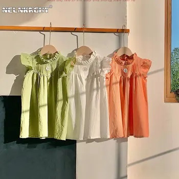 Новинка лета 2023 года Для детей, платья длиной до колен с цветочными складками для маленьких девочек, детская однотонная одежда