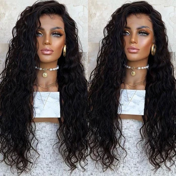 FANXITION Длинные вьющиеся синтетические парики на кружеве для чернокожих женщин, темно-коричневый парик на кружеве с глубокой волной, естественный вид парика для ежедневного использования