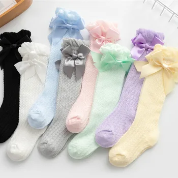 Детские Носки в сеточку с бантиком до колена в королевском стиле для девочек, Носки для малышей, детские носки с защитой от комаров, выдалбливаемые носки для малышей