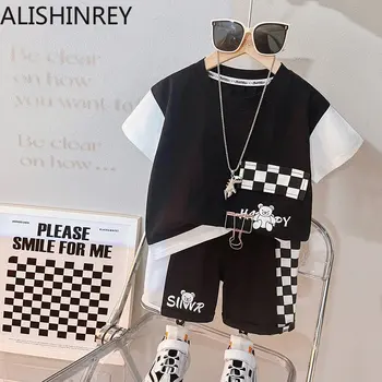 ALISHINREY, Комплект одежды для мальчиков и девочек, Лето 2023, Новый Модный стиль, Корейская Хлопковая детская рубашка высокого качества, костюм для младенцев