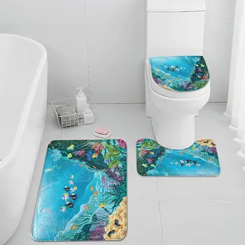 Набор Ковриков для ванной комнаты Blue Sea Summer из 3 предметов, Водные Растения и Тропические Рыбки, Набор Ковриков для ванной из 3 предметов, Без Моющегося Шелка.