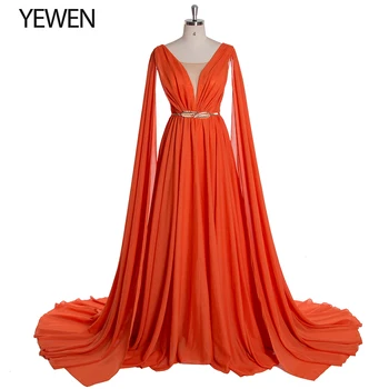 Оранжевые / Королевские платья для выпускного вечера 2020, Вечернее платье, Длинная шаль, V-образный вырез, vestido longo, Вечернее платье с поясом YEWEN