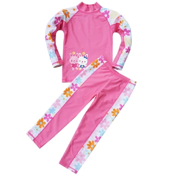 UPF 50 + УФ-серфинг, Розовый мультяшный купальник для девочек, набор для защиты от сыпи, детские купальники с длинным рукавом, детские купальные костюмы, пляжная одежда, лето