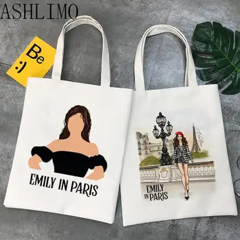 Эмили в Париже, холщовая Эстетическая сумка-тоут, Эко-сумка для покупок, сумка через плечо большой емкости, женская складная пляжная сумка для покупок