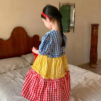 Детское платье 2023 Летнее Корейское платье для девочек с пышными рукавами, Детские Лоскутные клетчатые Свободные повседневные платья принцессы для маленьких девочек