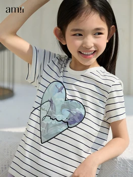 Детская одежда Amii для девочек от 3 до 14 лет, футболки в тонкую полоску, 2023, Летняя детская футболка с короткими рукавами и принтом в форме сердца 22322024