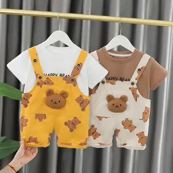 Летние шорты с короткими рукавами для мальчиков и девочек, 2 штуки футболок с изображением медведя, детская одежда, два комплекта для ребенка