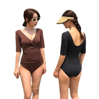 2023 Корейский стиль Женский цельный купальник со средним рукавом, консервативный, закрывающий живот, купальники для отдыха, пляжная одежда