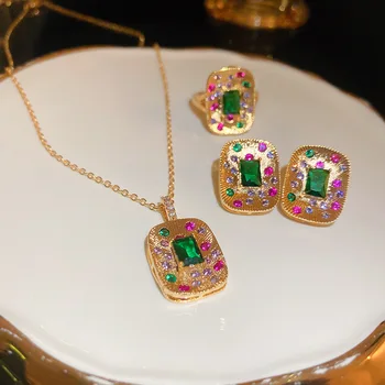 Цветные квадратные серьги с цирконом, персонализированный набор сережек и ожерелий антикварного дизайна