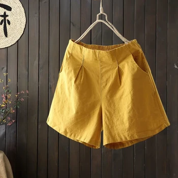 Летние женские шорты из хлопка и льна с карманами, женские повседневные короткие брюки с эластичной резинкой на талии сзади для женщин