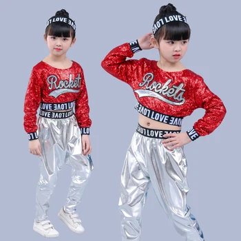 Детский танцевальный костюм в стиле хип-хоп Red Girl Jazz Dance, расшитый блестками, блестящие сценические костюмы для джазовых танцев, укороченный топ и брюки для девочек
