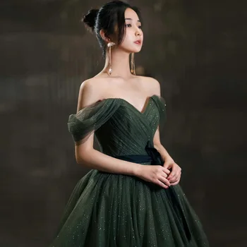 Зеленые Модные женские вечерние платья из тюля с открытыми плечами, вечерние платья для выпускного вечера, вечернее праздничное платье для невесты Abendkleider