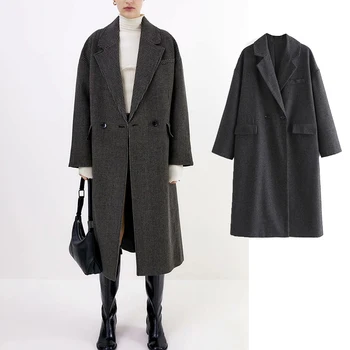 za 2020 новая женская осенне-зимняя ветровка, пальто с карманом в клетку, длинное пальто с отложным воротником, женская уличная одежда, верхняя одежда