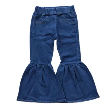 Джинсы для маленьких девочек, весенние стильные темно-синие джинсовые брюки-клеш для малышей, брюки с эластичной талией, низ одежды Оптом