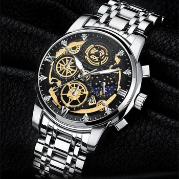 Мужские часы с календарем-скелетоном, Немеханические часы с многофункциональным стальным ремешком, инкрустированным бриллиантами, водонепроницаемые часы