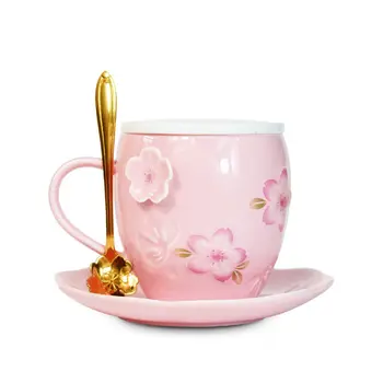 Симпатичная креативная вишневая кружка с рисунком и крышкой-ложкой, простая керамическая кружка, студенческая кружка для завтрака, Молочные чашки с милыми цветами, Кружки