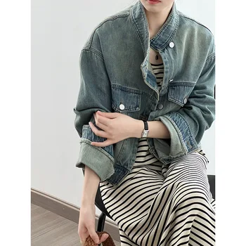 Весенняя короткая синяя джинсовая куртка Женская Корейская мода Повседневный Свободный воротник-стойка, однобортный топ, Джинсовое пальто Женское