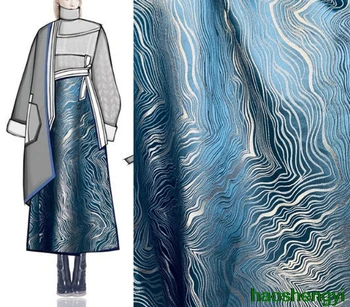 Высококачественная синяя современная модная ткань с волнистым рисунком тяжелой промышленности, трехмерная жаккардовая глянцевая текстура модной ткани
