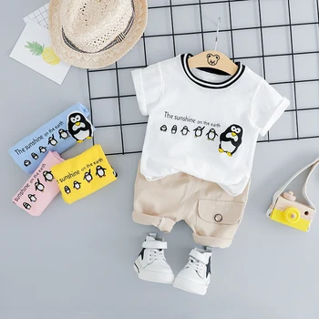 Комплекты одежды для малышей, летняя одежда для маленьких девочек и мальчиков, детская футболка с короткими рукавами и шорты с изображением мультяшного Пингвина