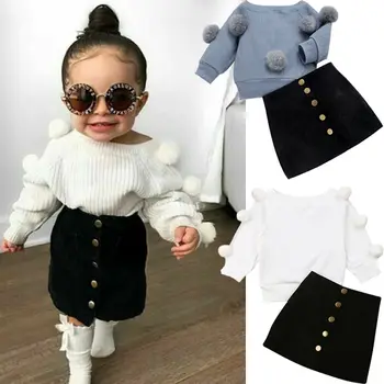 Осенние комплекты одежды для маленьких девочек от 1 до 6 лет, вязаные топы с длинными рукавами, свитер + мини-юбка на пуговицах, теплые комплекты одежды