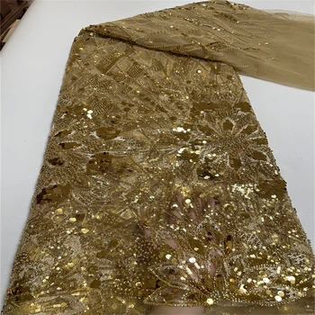 Высококачественная Французская тюлевая кружевная ткань с блестками, Нигерийская ткань ручной работы из бисера Для свадебного платья DX250