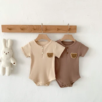 Летняя одежда для новорожденных Прекрасный комбинезон из спандекса с мишкой и хлопчатобумажных вафель Для маленьких мальчиков и девочек, детский комбинезон унисекс