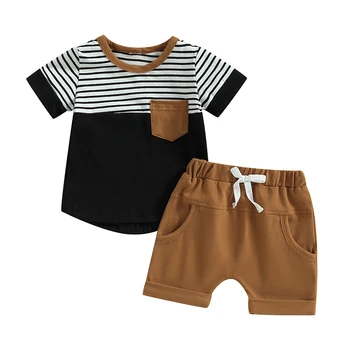повседневные комплекты летней одежды для малышей и мальчиков из 2 предметов, футболка в полоску с круглым вырезом и коротким рукавом и шорты с эластичной резинкой на талии.