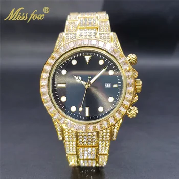 Новые золотые мужские часы с большим багетным безелем, черным циферблатом, роскошные часы, светящиеся льдом в стиле хип-хоп, уличный стиль Orologio, новинка в магазине