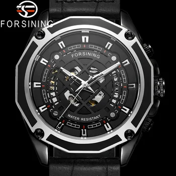 FORSINING Автоматические механические мужские наручные часы Военно-спортивные Мужские Часы Лучший бренд Класса Люкс Black Skeleton Dail Man Watch Подарок 8164
