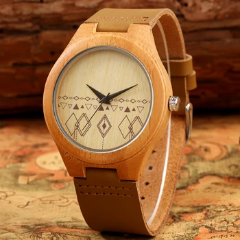 Женские деревянные часы с кожаным коричневым ремешком, мужские наручные часы с простым геометрическим циферблатом, часы из бамбукового дерева, подарок другу reloj