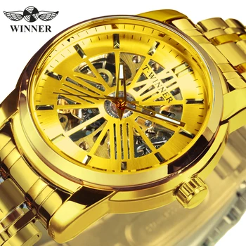 Роскошные автоматические мужские часы WINNER, Золотые механические часы с прозрачным скелетом, классический ретро ремешок из нержавеющей стали reloj hombre