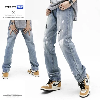 2023 Американские джинсы для хай-стрит, мужские уличные брюки в стиле хип-хоп с прямой застежкой-молнией, европейские и американские повседневные брюки ins