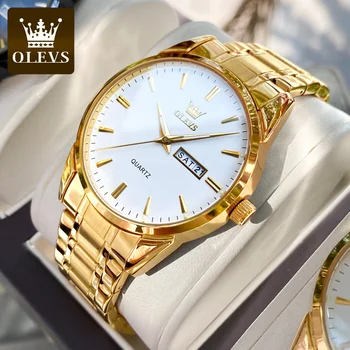 Наручные часы OLEVS Classic Gold от ведущего бренда класса люкс из деловой кожи, водонепроницаемые светящиеся мужские кварцевые часы из нержавеющей стали