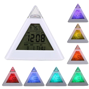 Вечный Календарь, Термометр, Часы с красочной подсветкой, Треугольная Пирамида, Украшение дома, Цифровой будильник