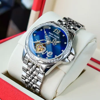 Reef Tiger / RT Модные женские часы с цветочным бриллиантом Стальной браслет Автоматические Механические часы Сапфировое стекло Водонепроницаемые часы